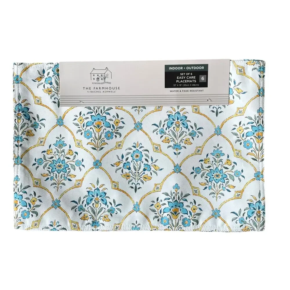 Rachel Ashwell Farmhouse Floral Placemats 13x19 Yellow Blue White Set of 6 NEW